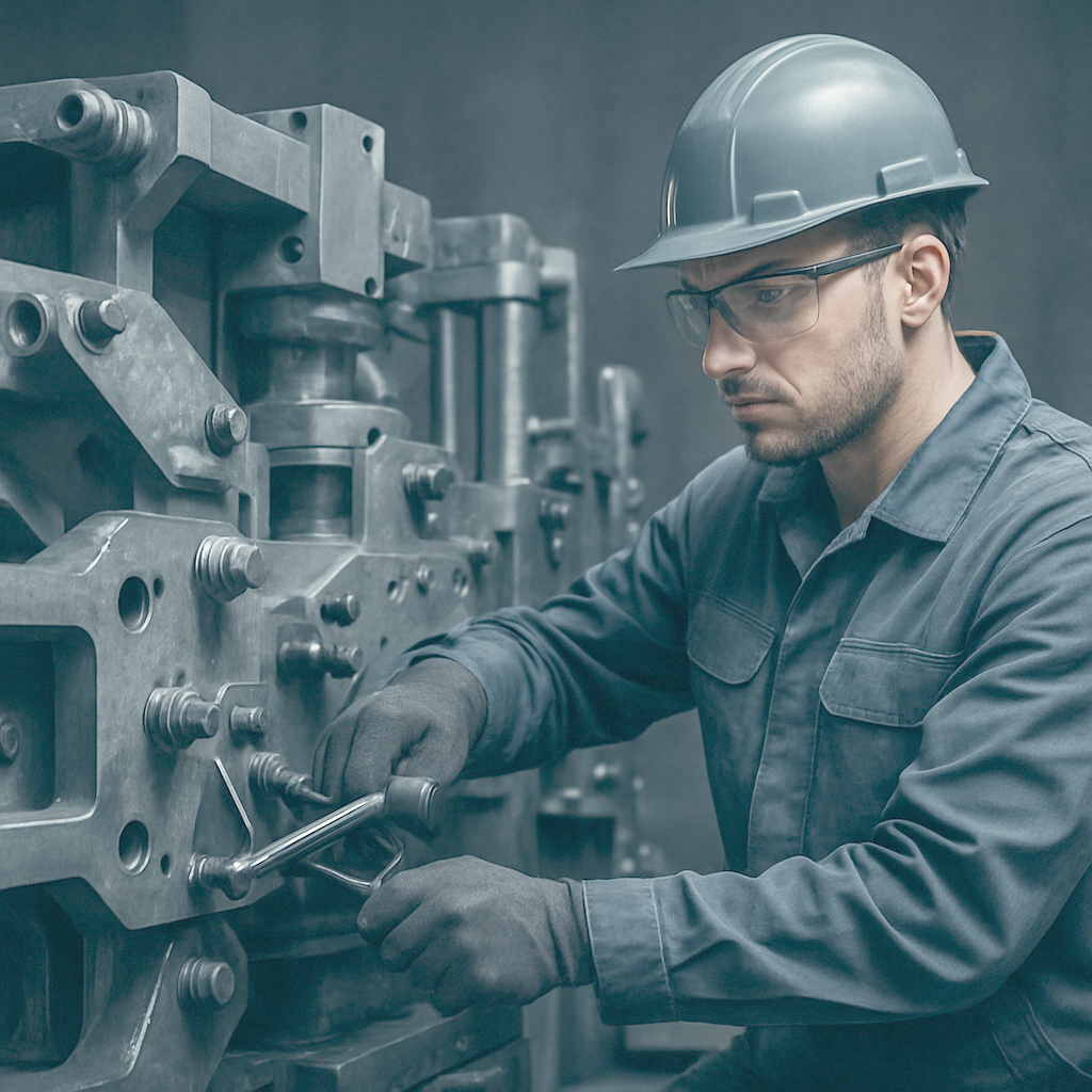 Tecnico al lavoro su un montaggio meccanico